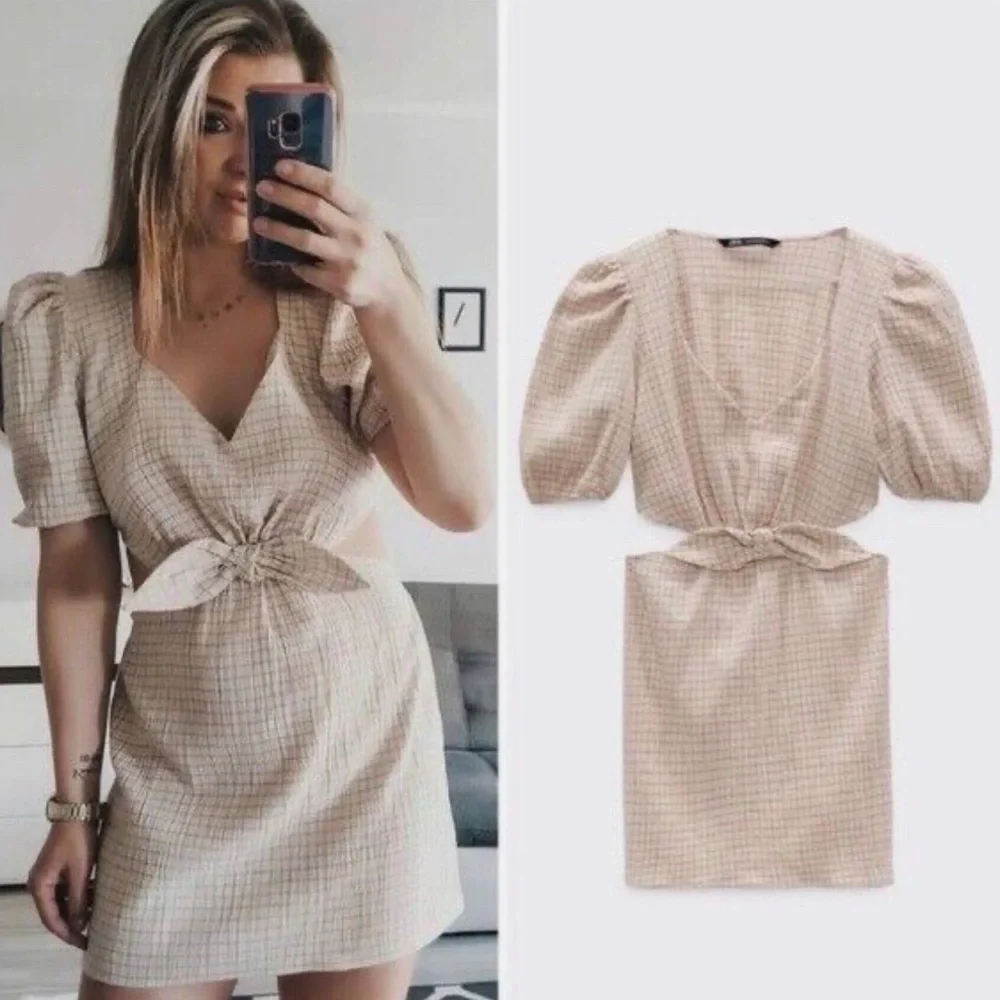 Zara NWT Size S Cotton/Linen Blend Plaid Cut Out Waist Minidress -NWT per Pics - Picture 1 of 10